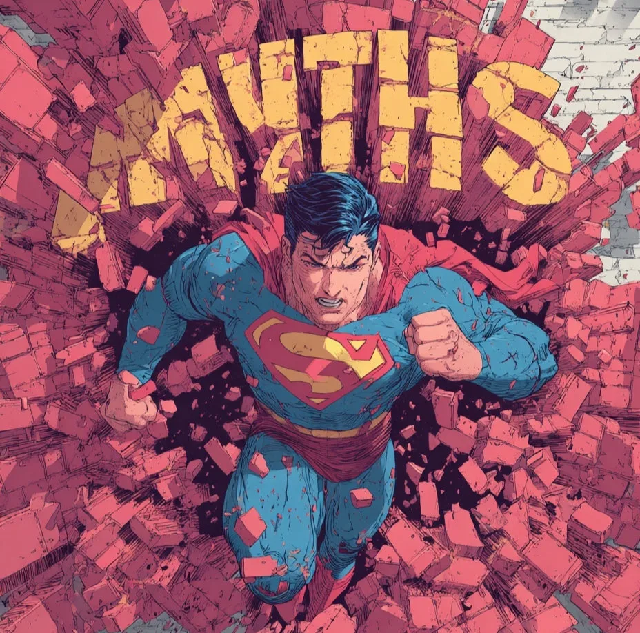 Comic-style superhero breaking through a wall labelled myths, representing why AI visibility is not a reset button for publishers.