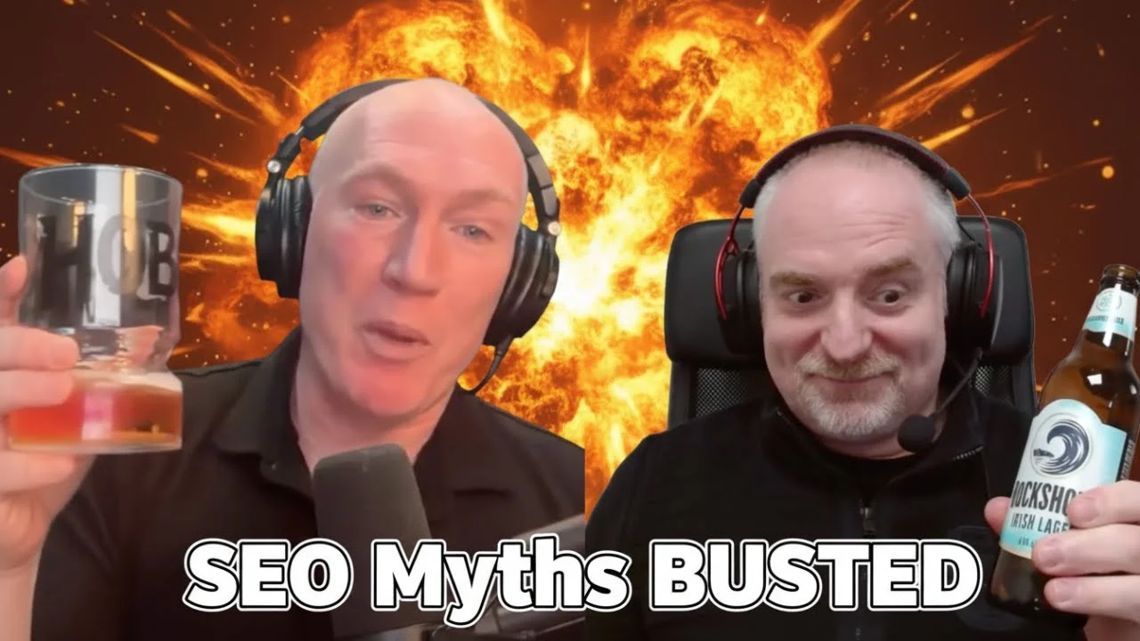 Barry Adams and Steven Wilson-Beales recording the Beers and SEO podcast with the words SEO myths busted.