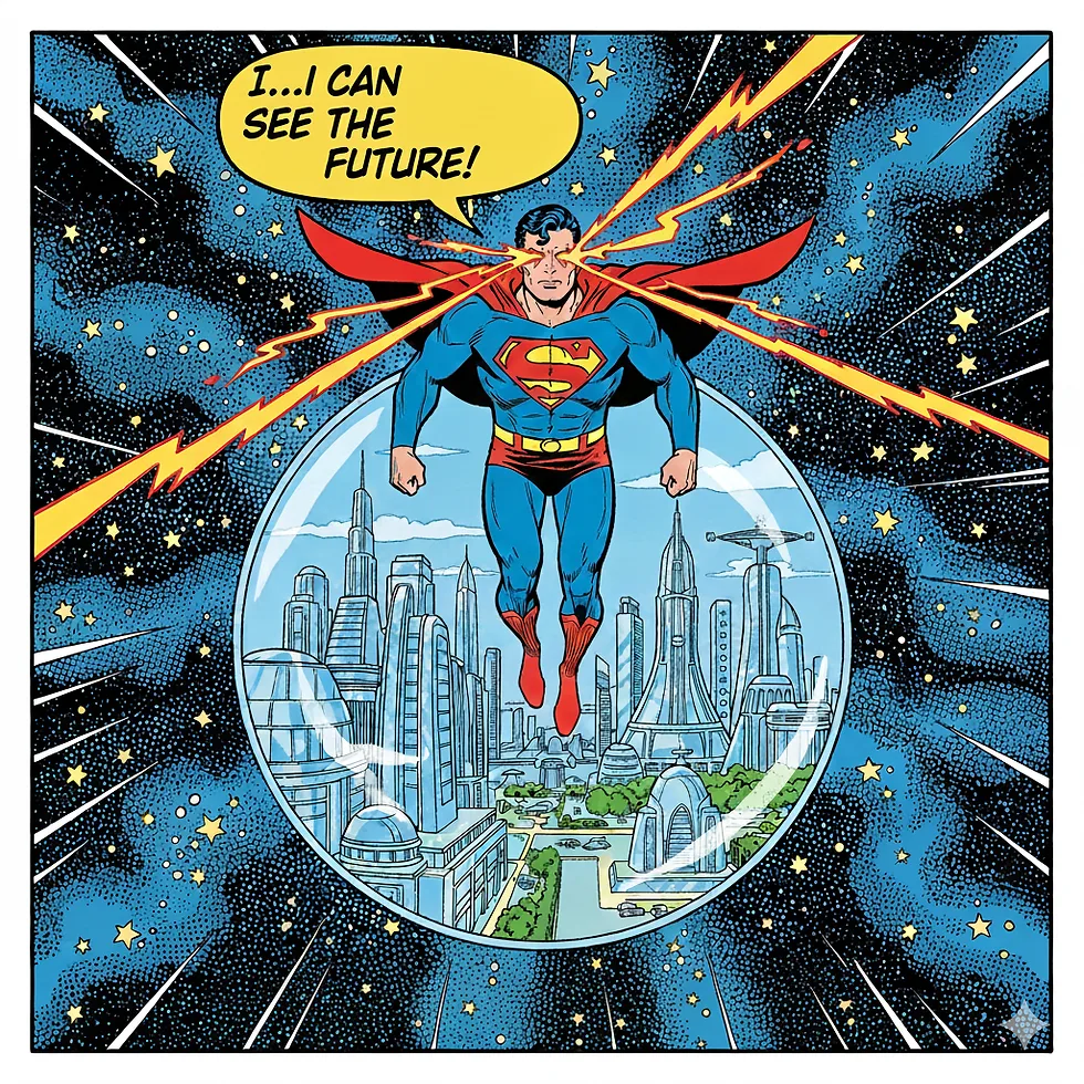 Comic-style superhero above a futuristic city, representing media and journalism predictions for 2026.