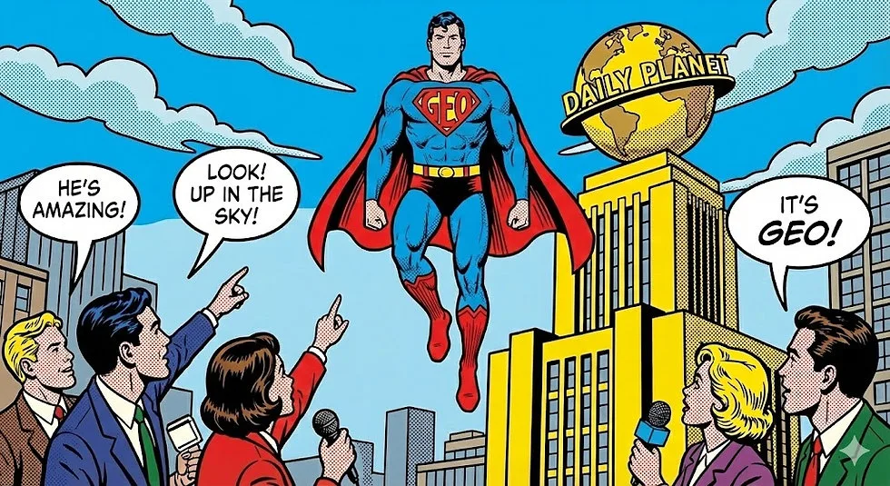 Comic-style superhero labelled GEO flying above reporters outside a newspaper building, representing Generative Engine Optimisation for newsrooms.