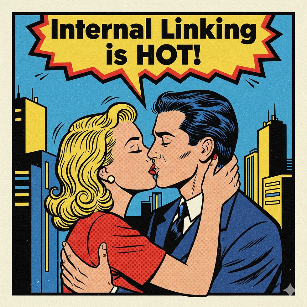 Comic-style poster reading Internal Linking is HOT, representing how internal links strengthen SEO, GEO and journalism.