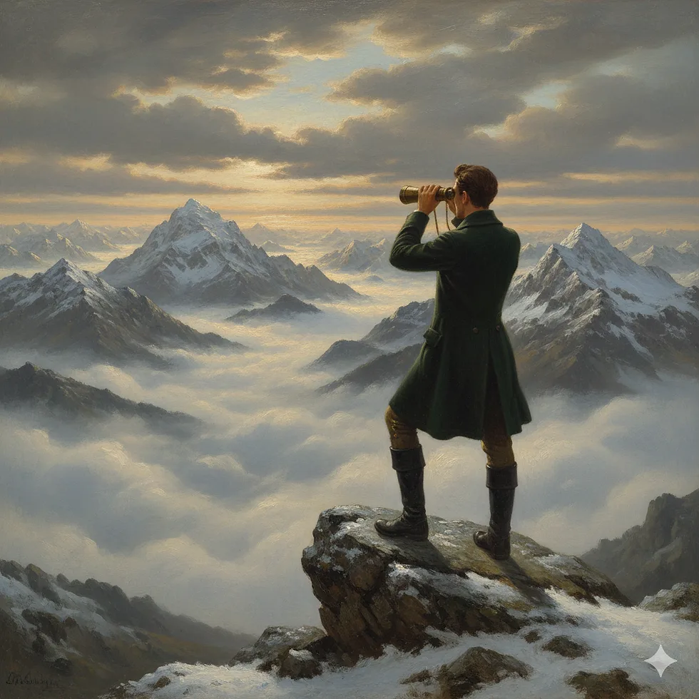 Painted figure looking through binoculars across a mountain landscape, representing predictions for media and journalism in 2026.