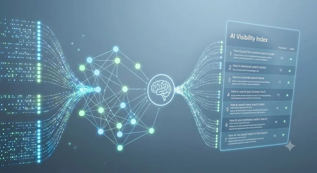AI search visibility illustration: data flowing through a neural network into a ranked list of cited results