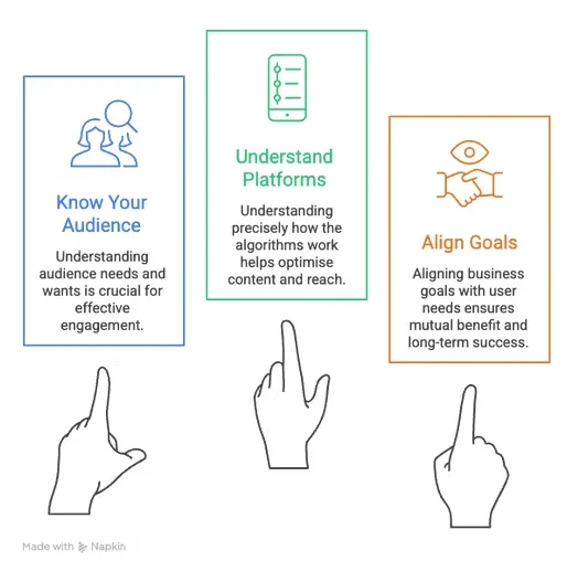 Audience growth framework showing three principles: know your audience, understand how platforms work and align business goals with user needs